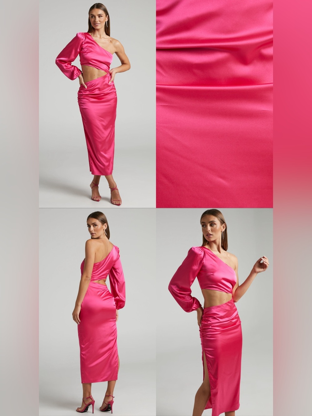 RNWY One-Shoulder Satin Midi Skirt Set in Hot Pink